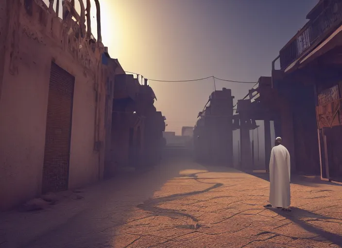 Prompt: old jeddah city alley, roshan, old shops, horse, magical glowing sand gateway to another dimension, several robots and a man wearing a white robe standing watching over, dramatic lighting, dawn, by caspar david friedrich, unreal engine 5