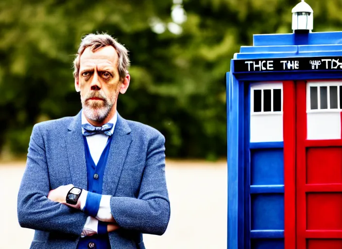 Prompt: dslr photo portrait still of hugh laurie as doctor who in front of the tardis at golden hour, 8 k, 8 5 mm f 1. 4