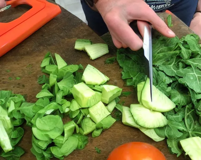 Image similar to 9 0 degrees fov, first person point of view of me cutting vegetables