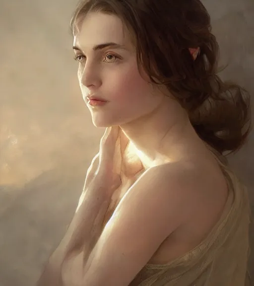 Image similar to portrait of a young woman, regal, soft features, muscular, half body, cloth, hazel eyes, short brown hair, thick eyebrows, back light, d & d, fantasy, intricate, highly detailed, digital painting, artstation, concept art, smooth, sharp focus, illustration, art by artgerm and greg rutkowski and alphonse mucha