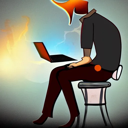 Image similar to a demon programmer gentleman ~ using a laptop ~ lava background ~ digital art ~ two horns ~ sitting on a chair ~, 4 k, ultra hd