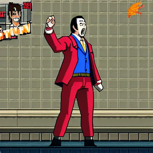 Image similar to nic cage as phoenix wright yelling objection!, in game screenshot, hd digital pixel art