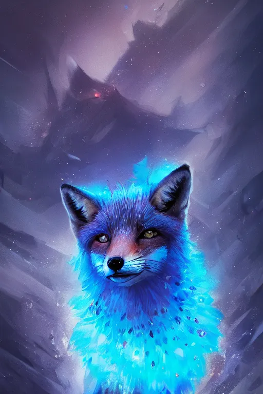 Prompt: A fancy portrait of a blue crystalized fox by Greg Rutkowski, beeple, Sung Choi, Mitchell Mohrhauser, Maciej Kuciara, Johnson Ting, Maxim Verehin, Peter Konig, final fantasy, macro lens, 35mm, 8k photorealistic, cinematic lighting, HD, high details, dramatic, dark atmosphere, trending on artstation