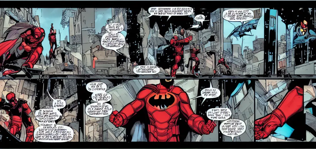 Image similar to comic panel from BATMAN: UNDER THE RED HOOD with Iron Man as Batman