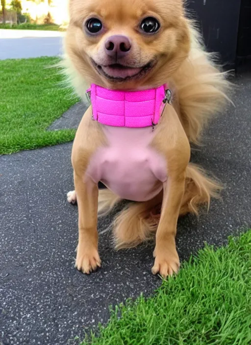 Image similar to fully grown tan pit bull, long - haired chihuahua, pomeranian mix, wearing a pink harness