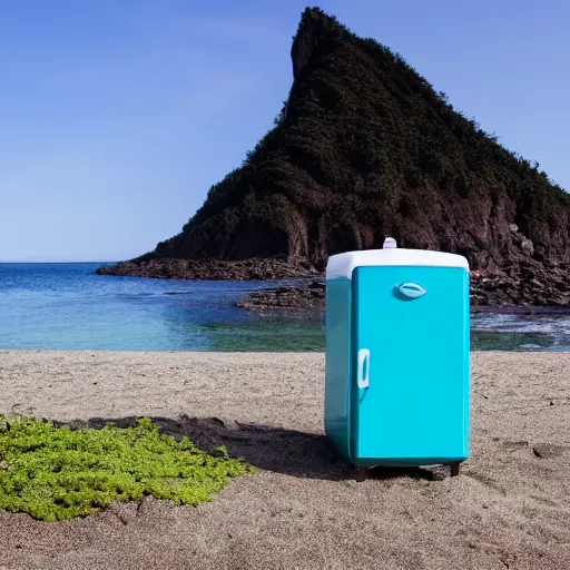 Image similar to blue refrigerator on beach with green sand