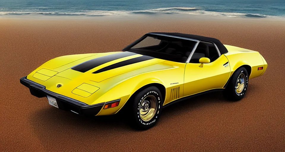 Image similar to a yellow 1979 stingray corvette at the beach at sunset, t-top, convertable,digital art,detailed,ultra realistic,art by greg rutkowski