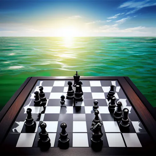 Prompt: A realistic detailed photo of chess game on the water, water, big waves, ocean, clear blue sky, foggy landscape, light reflections, light particles, detailed light, realistic shaders, trending on artisation, detailed textures, detailed, realistic.