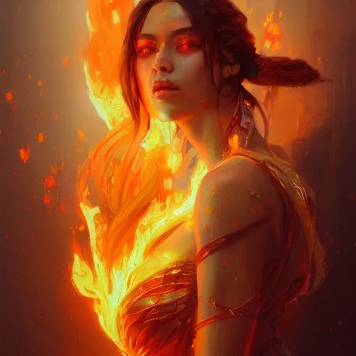 Image similar to a beautiful portrait of a fire goddess, flaming background, a detailed painting by greg rutkowski and raymond swanland, featured on cgsociety, fantasy art, detailed painting, artstation hd, photorealistic