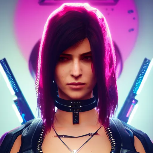 Image similar to female V from Cyberpunk 2077 wearing spiked choker, collar, choker, punk, collar, 4K, realistic, futuristic, spiked collar, artstation, wallpaper,