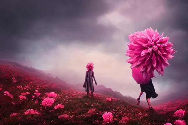 Image similar to giant dahlia flower crown under head, girl walking on mountain, surreal photography, pink storm clouds, dramatic light, impressionist painting, digital painting, artstation, simon stalenhag