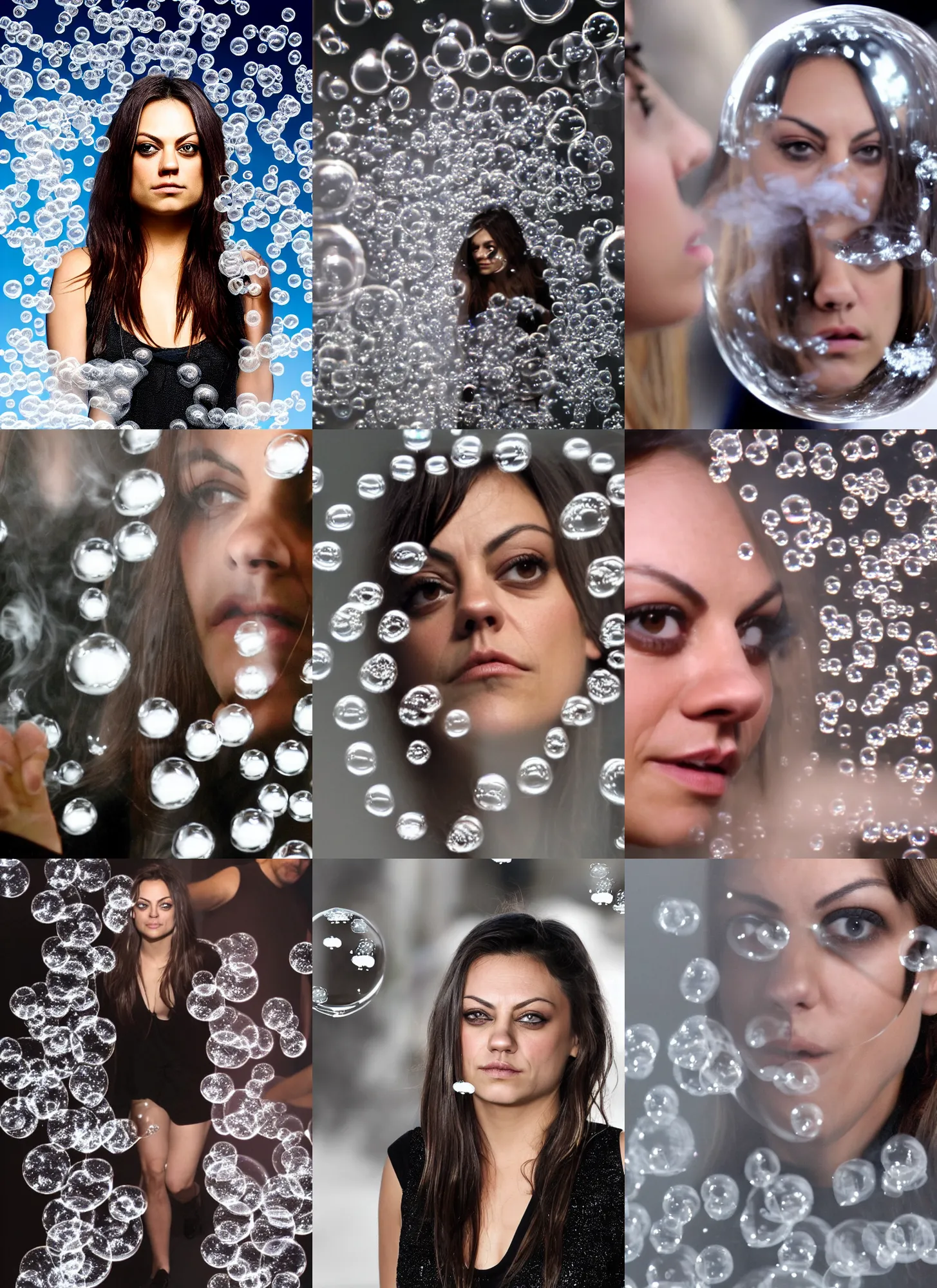 Image similar to smirking Mila Kunis reflected in reflective bubbles filled with smoke