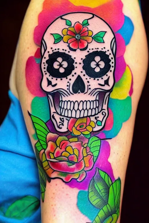 Prompt: tattoo of sugar skull, bright colors