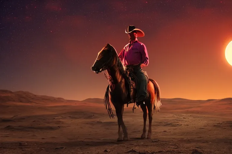 Prompt: An old western cowboy riding a horse on mars looking at camera, distant background, red lighting, ominous, gloomy, moonlight, bokeh, synthwave, psychedelic, glitch, acrylic, flooko, detailed, cybernetic, sci-fi, glows,