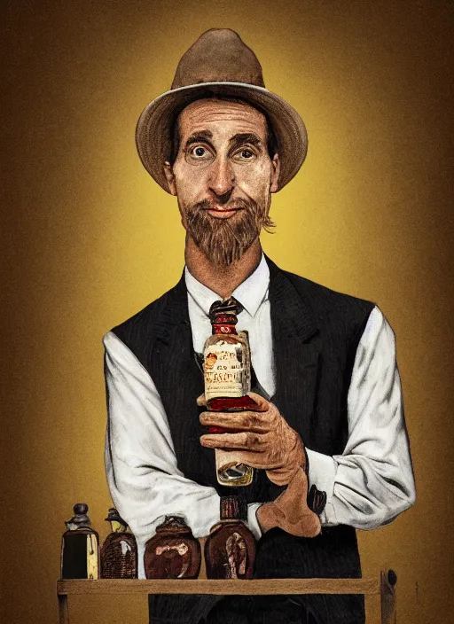 Image similar to portrait of a snake oil salesman by Paolo Eleuteri Serpieri, it idn't greasy