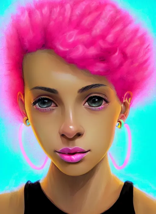 Image similar to portrait of teenage vanessa morgan with bright pink hair, black girl, curly pixie cut hair, wearing newsboy cap, pink short haircut, newsboy cap, hoop earrings, blue eyes, intricate, elegant, glowing lights, highly detailed, digital painting, artstation, concept art, smooth, sharp focus, illustration, art by wlop, mars ravelo and greg rutkowski