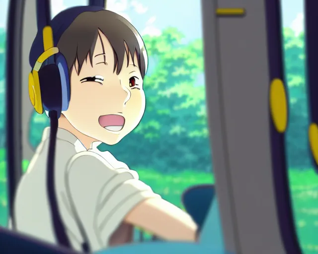 Image similar to anime fine details portrait of joyful girl in headphones in school bus, bokeh. anime masterpiece by Studio Ghibli. 8k render, sharp high quality anime illustration in style of Ghibli, artstation