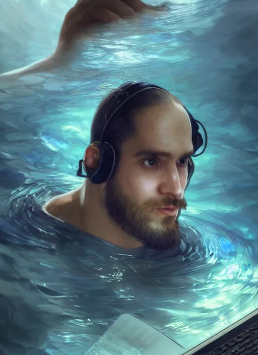 Prompt: close-up of character concept portrait of internet hacker hacking a laptop under water, submerged in aqua water, a floating iridescent fire behind him from God of War, intricate, elegant, digital painting, concept art, smooth, sharp focus, illustration, by WLOP and Ruan Jia and Mandy Jurgens and William-Adolphe Bouguereau, Artgerm