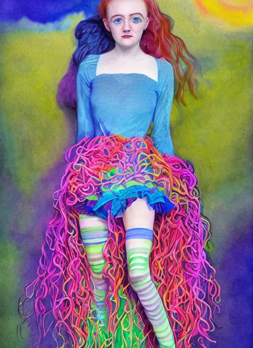 Image similar to surrealism psychedelic full body portrait sketch of evanna lynch as sadie sink as delirium of the endless in fishnet top and rainbow tutu skirt from the sandman, floating goldfish, green and blue eye heterochromia by alex ross, josh kirby, detailed, elegant, intricate