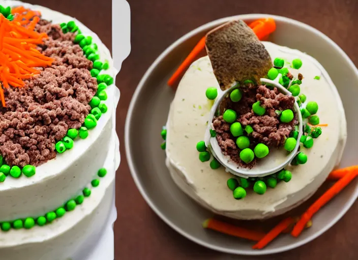 Image similar to dslr food photograph of a birthday cake iced with mashed potatoes and topped with ground beef carrots and peas, 8 5 mm f 1. 8