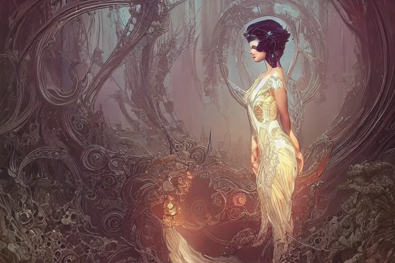 Prompt: a pretty woman made of liquid metal surrounded by an environment designed by Joe Fenton, fog, volumetric lighting, intricate, elegant, highly detailed, digital painting, artstation, concept art, smooth, sharp focus, art nouveau, art by artgerm and greg rutkowski and alphonse mucha