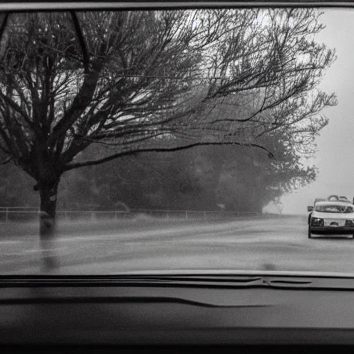 Image similar to nursing home clients running down the street find a car and start to drive. shallow depth of field. very dark and stormy