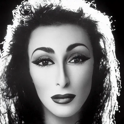 Prompt: black and white vogue closeup portrait by herb ritts of a beautiful female model, cher, high contrast