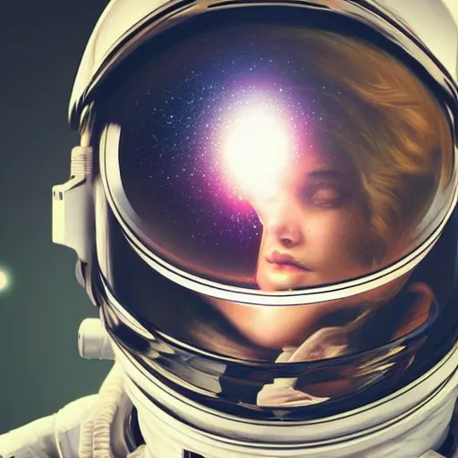 Prompt: portrait of an astronaut with a beautiful woman in the reflection on the helmet, dreamy, concept art, highly detailed, trending on art station, dreamy lighting, beautiful