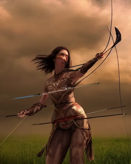 Image similar to very very realistic, photo of world, full body, women with a bow and arrow, female archer, warrior, realistic face