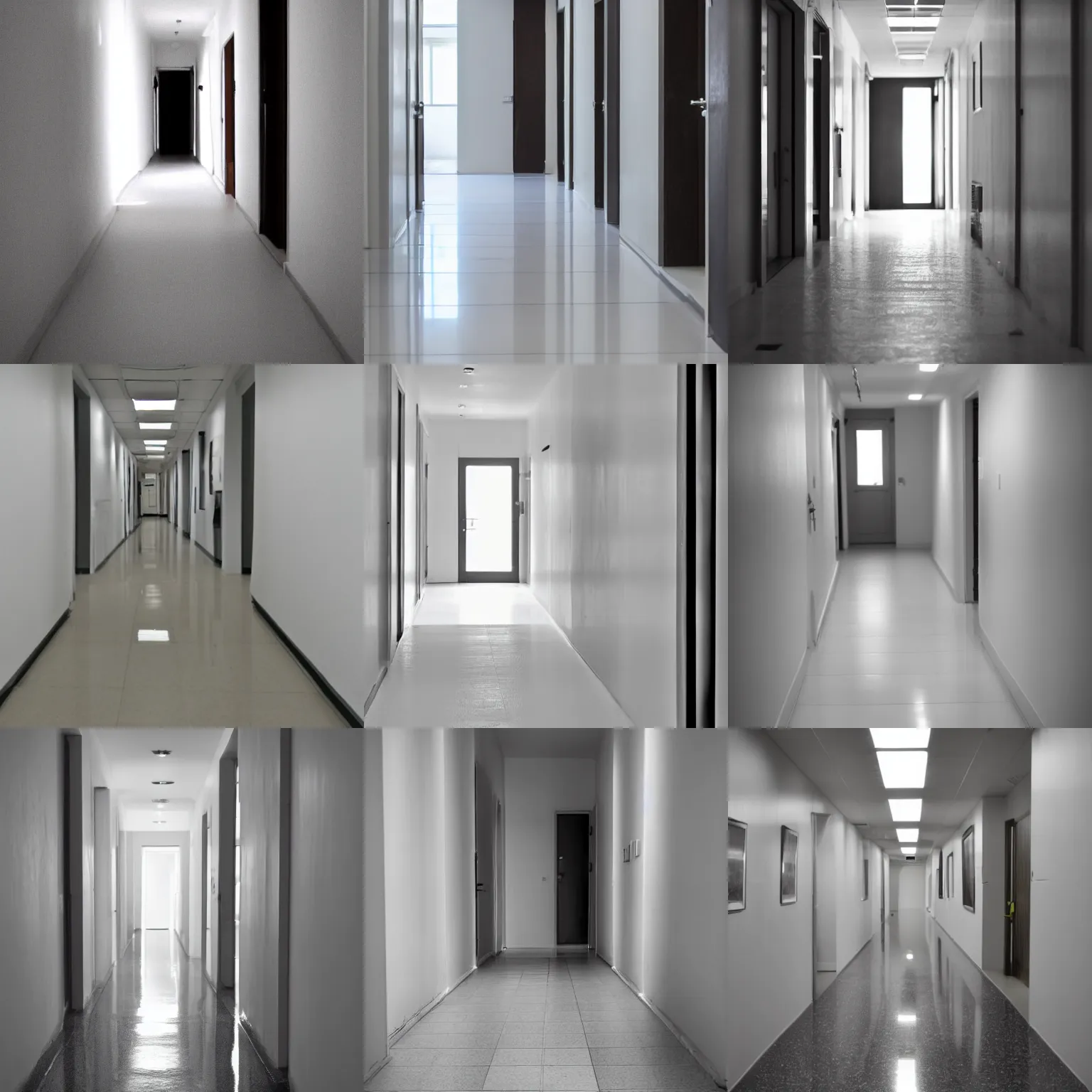 Prompt: hallway, white wall, sailes, dirty floor,