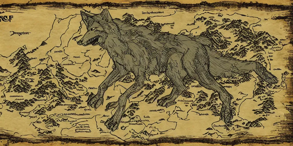 Image similar to face of a wolf in the style of a medieval fantasy map, mountains, forests. Skyrim, Lord of the Rings map, Zelda Breath of the Wild map, drawing on parchment