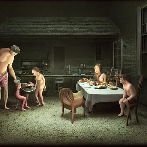 Image similar to a family of cyclops having dinner, by Gregory Crewdson