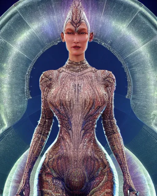 Image similar to a highly detailed metahuman 4 k close up render of an alien goddess bella hadid as alien in iris van herpen dress schiaparelli in diamonds crystals swarovski and jewelry iridescent in style of alphonse mucha gustav klimt trending on artstation made in unreal engine 4