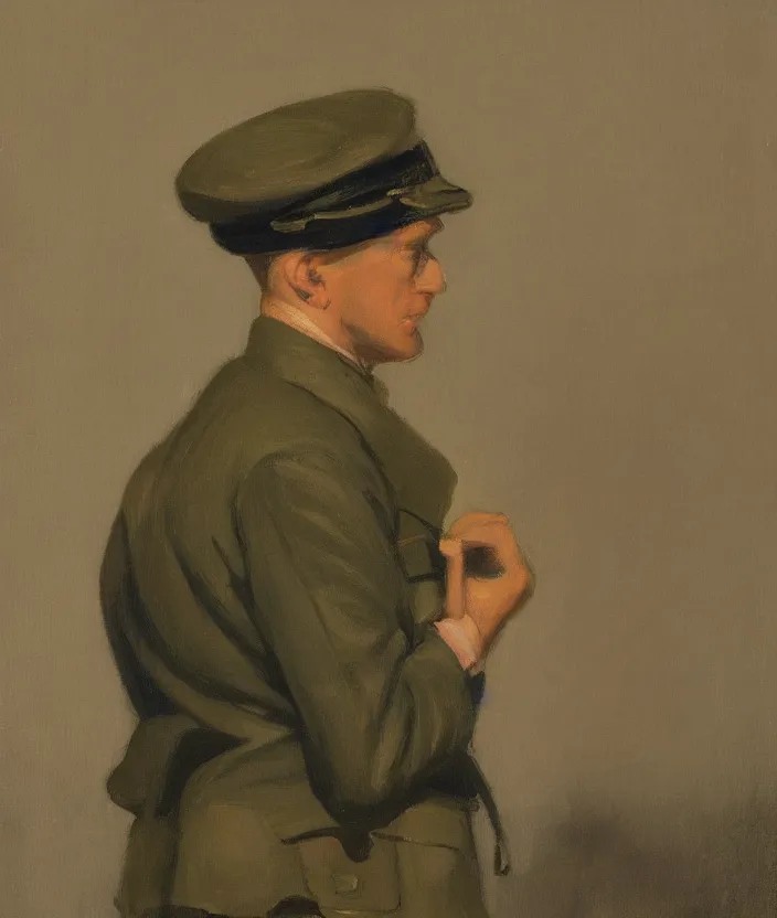 Image similar to a very detailed portrait of a man, wearing an open military jacket, frontal view, in the style of edward hopper and oswald hornby joseph birley, very small brushstrokes, 4 k,