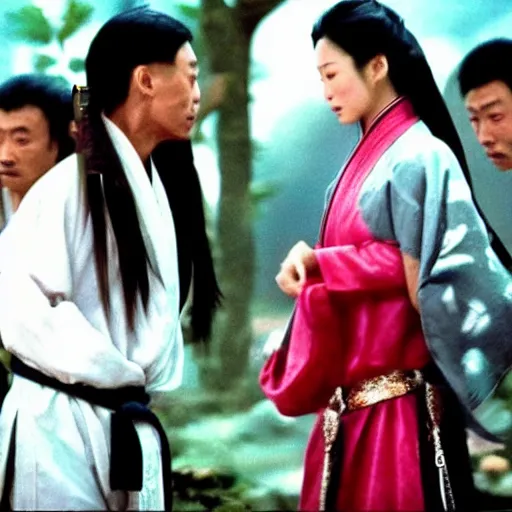 Prompt: wuxia, xianxia, shenmo fantasy, xuanhuan fantasy, martial artist, qi blast, 1 9 8 3 cinematic movie, hong kong movie