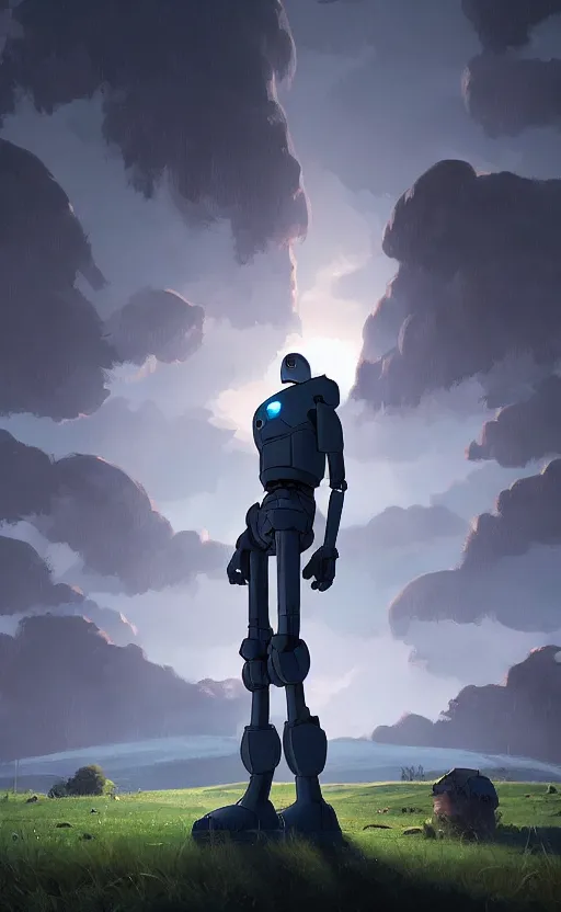 Image similar to iron giant standing near his farm, dynamic lighting, photorealistic fantasy concept art, trending on art station, stunning visuals, creative, cinematic, ultra detailed