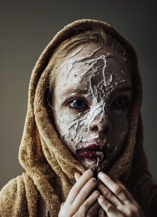 Image similar to a beautiful detailed photo of a girl dressed in robes with cracked skin, the background is surreal and scary with dust and haze, realistic, f 8, 4 k hd wallpaper