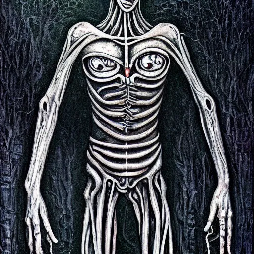 Prompt: slenderman, high detail, masterpiece, art by h. r. giger