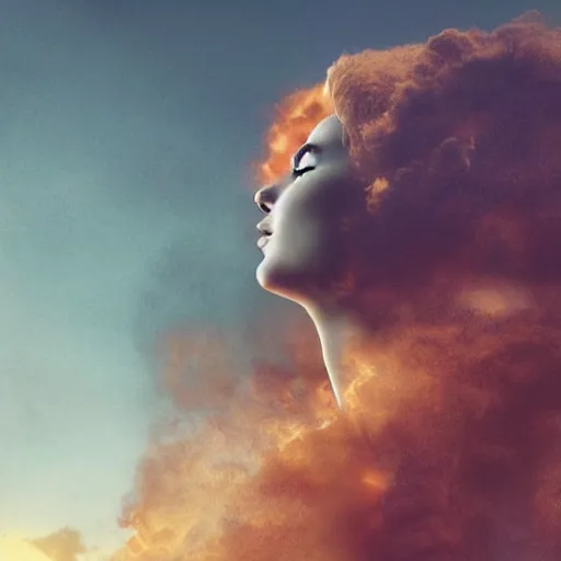 Prompt: a woman up there, sci - fi, town, on fire, giant, photoshop, creative and cool, photo manipulation, low angle