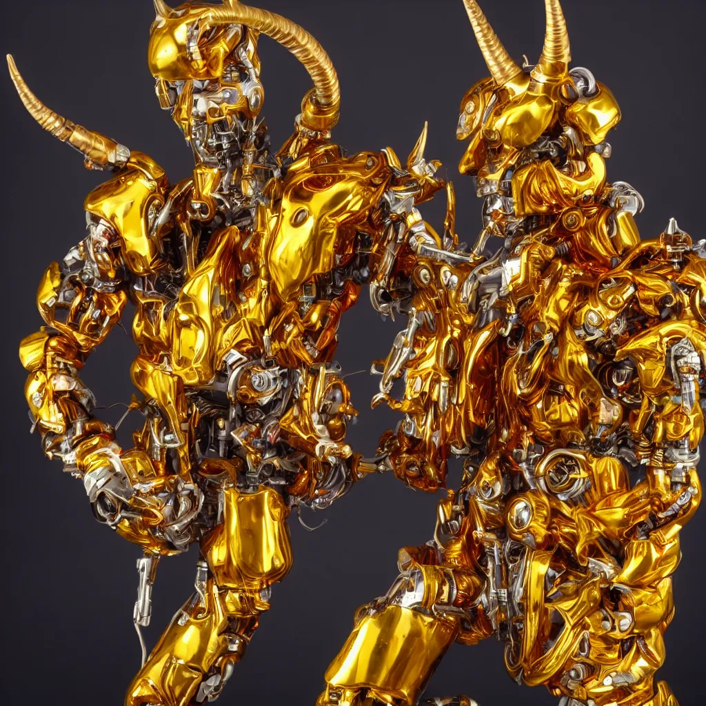 Prompt: a cyborg with gold horns, made out of colourful liquid amber