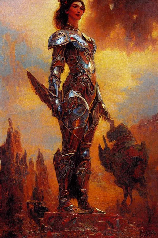 Image similar to full body girl metal armor painting by gaston bussiere