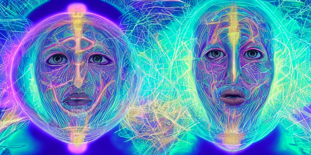 Prompt: trasnformation into transcendence into collaborative intelligence, endless collaboration with ai, connectedness, body, by alex grey, album cover, award winning, beautiful, colorful, volumetric lighting, trending on artstation, cinematic