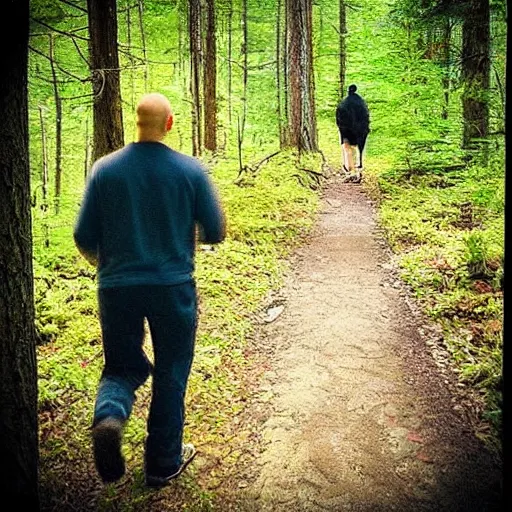 Image similar to “ poor quality nature photography of a bald man hiking in the woods with bigfoot walking by ”