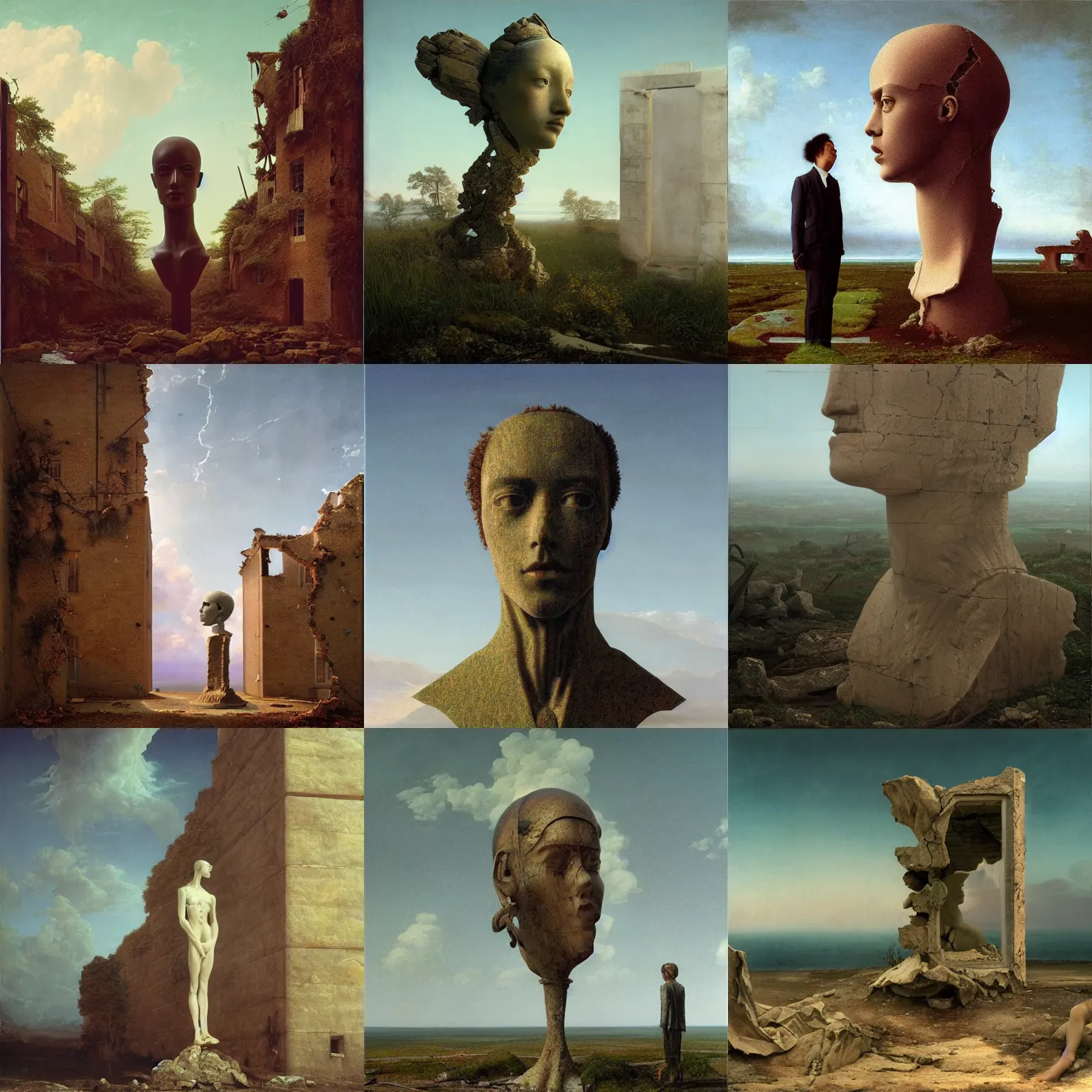 Prompt: hyperrealistic surrealism, David Friedrich, award winning masterpiece with incredible details, Zhang Kechun, a surreal vaporwave vaporwave vaporwave vaporwave vaporwave painting by Thomas Cole of a gigantic broken mannequin head sculpture in ruins, highly detailed, trending on ArtStation