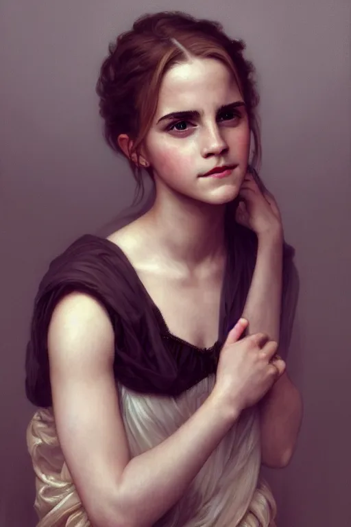 Image similar to full portrait of a beautiful Emma Watson, Regal, Realistic, Refined, highly Detailed Digital Art, Oil Painting, William-Adolphe Bouguereau, WLOP, Dynamic lighting, daily deviation, beautiful character illustration by Greg Rutkowsktrending on artstation, Cinematic Lighting, Unreal Engine, 8k, HD