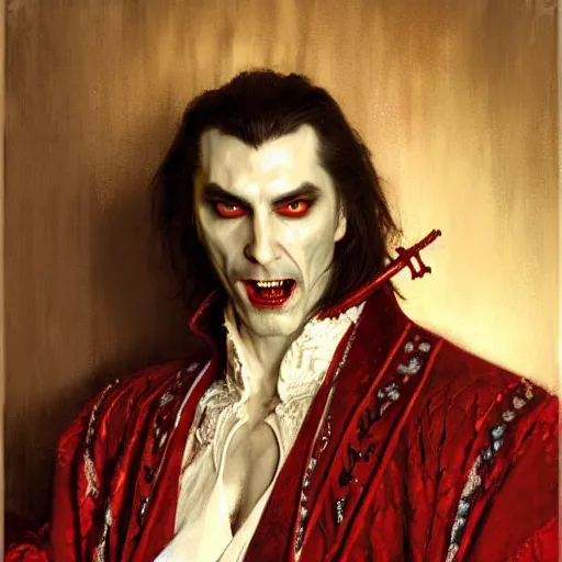 Image similar to perfectly centered portrait of attractive vampire king dracula in a robe sitting on a throne of bones, highly detailed painting by gaston bussiere, craig mullins, j. c. leyendecker, 8 k