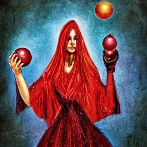 Prompt: red witch with crystal ball