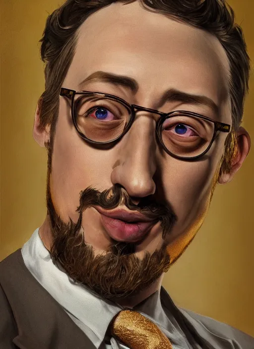 Image similar to Sam Hyde in gold suit, sigma male, accurately portrayed, portrait art by Salvador Dali, highly detailed, digital painting, concept art, illustration, dim lighting with twilight rays of sunlight, trending on artstation, very detailed, smooth, sharp focus, octane render, close up