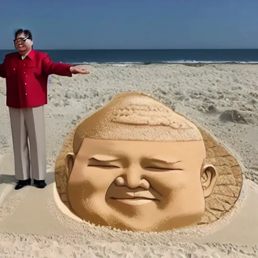 Prompt: a sand sculpture of kim jong un on the beach