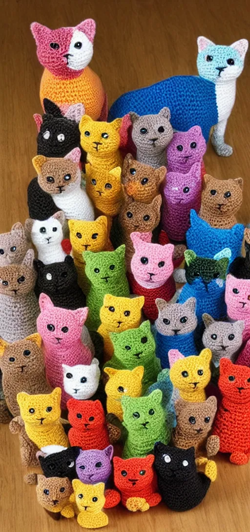 Image similar to multicolored crocheted cats, 2 0 0 0 s catalogue photo,